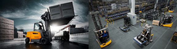 Two scenes from production showing forklift trucks in use