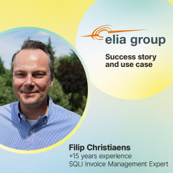 Photo of SQLI expert Filip Christiaens and logo of Elia on a green and yellow faded background. The date of the webinar is 26 June 2024